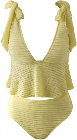 OYOANGLE Women's Textured Tankini Swimsuit Tummy Control Two Piece Bathing Suit V Neck Swim Top with Full Coverage Bottom in Saudi Arabia