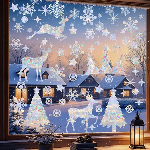 Anwyll Glitter Christmas Snowflake Window Clings,Silver Christmas Snowflake Window Decals Stickers,93Pcs Xmas Winter Holiday Snowflake Window Clings for Winter Wonderland Christmas Glass Window Decor in Saudi Arabia