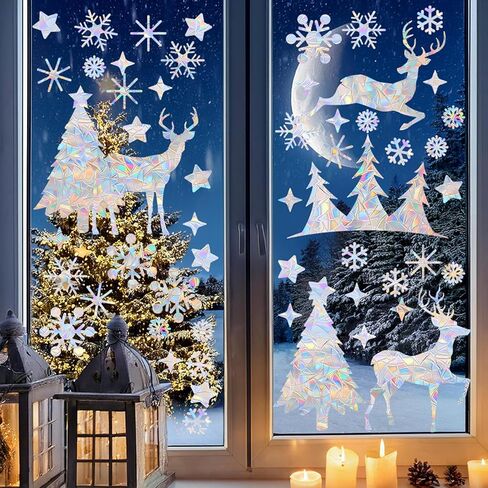 Anwyll Glitter Christmas Snowflake Window Clings,Silver Christmas Snowflake Window Decals Stickers,93Pcs Xmas Winter Holiday Snowflake Window Clings for Winter Wonderland Christmas Glass Window Decor in Saudi Arabia