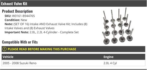 Valve Kit - 16 Piece - Intake and Exhaust - Compatible with 2005-2008 Suzuki Reno 2.0L 4-Cylinder in Saudi Arabia