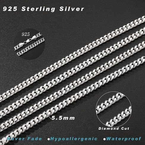 S925 فضة سلسلة قلادة للرجال، 5.5mm فضة الكوبية الارتباط كبح سلسلة قلادة للنساء الرجال المجوهرات، 18 20 22 24 26 بوصة in Kuwait