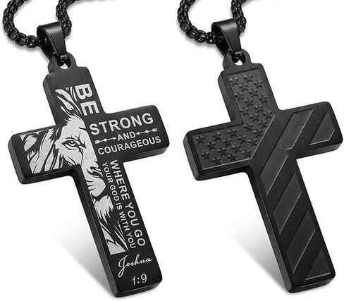 قلادة صليب من الفولاذ المقاوم للصدأ للرجال سلسلة بدلاية العلم الأمريكي هدايا دينية كاثوليكية مسيحية له/الابن/الأب/المراهق/الزوج مجوهرات ملهمة من الكتاب المقدس يسوع in Kuwait