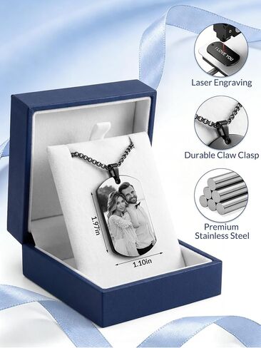 BEXOA Picture Necklace Personalized Photo, Custom Dog Tag Necklace for Men with Engraved Photo & Text - Personalized Gifts for Dad, Husband, Father's Day in Saudi Arabia