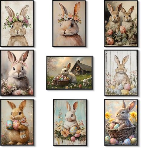 Easter Bunny Wall Decor Set of 9, Vintage Holiday Wall Art Painting, Fun Rabbit Canvas Poster Print Picture, Rustic Easter Egg Décor Oil Paintings, Vintage Home Decor Animals Artwork Prints 8x10 Unframed in Saudi Arabia