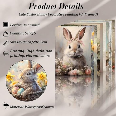 Easter Bunny Wall Decor Set of 9, Vintage Holiday Wall Art Painting, Fun Rabbit Canvas Poster Print Picture, Rustic Easter Egg Décor Oil Paintings, Vintage Home Decor Animals Artwork Prints 8x10 Unframed in Saudi Arabia