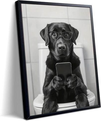 Black and White Bathroom Wall Art, Funny Labrador Dog Canvas Prints Poster, Cute Animal Sitting on Toilet Looking at Phone Picture, Modern Farmhouse Restroom Bathroom Home Wall Decor 8x10 Inch Framed in Saudi Arabia