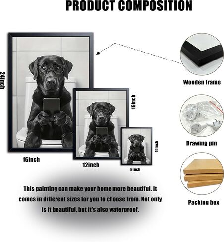 Black and White Bathroom Wall Art, Funny Labrador Dog Canvas Prints Poster, Cute Animal Sitting on Toilet Looking at Phone Picture, Modern Farmhouse Restroom Bathroom Home Wall Decor 8x10 Inch Framed in Saudi Arabia