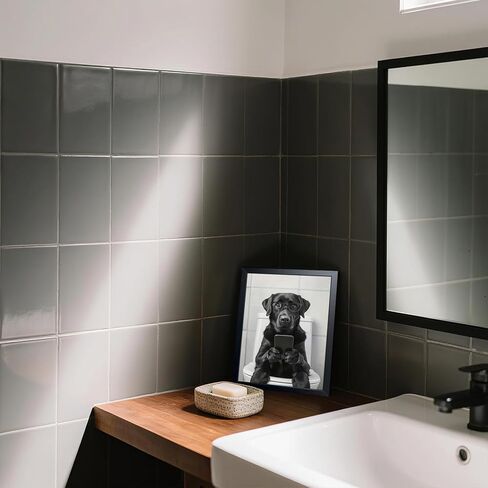 Black and White Bathroom Wall Art, Funny Labrador Dog Canvas Prints Poster, Cute Animal Sitting on Toilet Looking at Phone Picture, Modern Farmhouse Restroom Bathroom Home Wall Decor 8x10 Inch Framed in Saudi Arabia