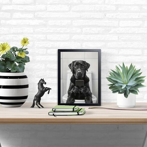 Black and White Bathroom Wall Art, Funny Labrador Dog Canvas Prints Poster, Cute Animal Sitting on Toilet Looking at Phone Picture, Modern Farmhouse Restroom Bathroom Home Wall Decor 8x10 Inch Framed in Saudi Arabia