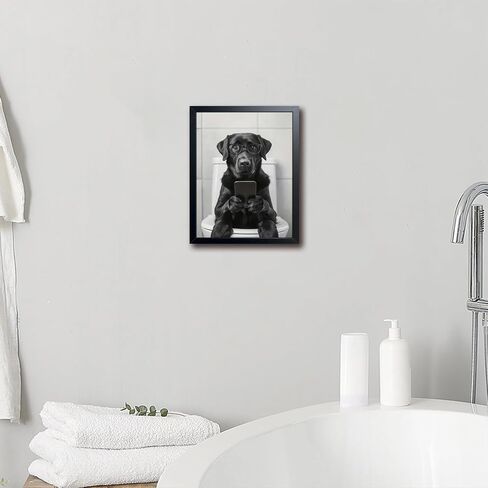Black and White Bathroom Wall Art, Funny Labrador Dog Canvas Prints Poster, Cute Animal Sitting on Toilet Looking at Phone Picture, Modern Farmhouse Restroom Bathroom Home Wall Decor 8x10 Inch Framed in Saudi Arabia