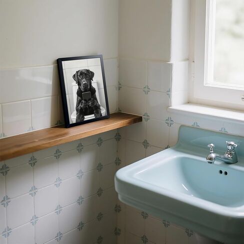 Black and White Bathroom Wall Art, Funny Labrador Dog Canvas Prints Poster, Cute Animal Sitting on Toilet Looking at Phone Picture, Modern Farmhouse Restroom Bathroom Home Wall Decor 8x10 Inch Framed in Saudi Arabia