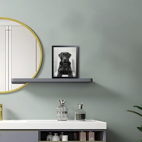 Black and White Bathroom Wall Art, Funny Labrador Dog Canvas Prints Poster, Cute Animal Sitting on Toilet Looking at Phone Picture, Modern Farmhouse Restroom Bathroom Home Wall Decor 8x10 Inch Framed in Saudi Arabia
