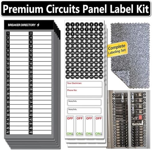 مجموعة ملصقات اللوحات الكهربائية - 48 ملصقًا لقواطع الدائرة الكهربائية، ملصقات صندوق منصهرات ممتازة مقاومة للماء وسهلة القراءة مع ورقة دليل وقطعة قماش للتنظيف للمرآب المنزلي (48 دائرة *أسود) in Kuwait