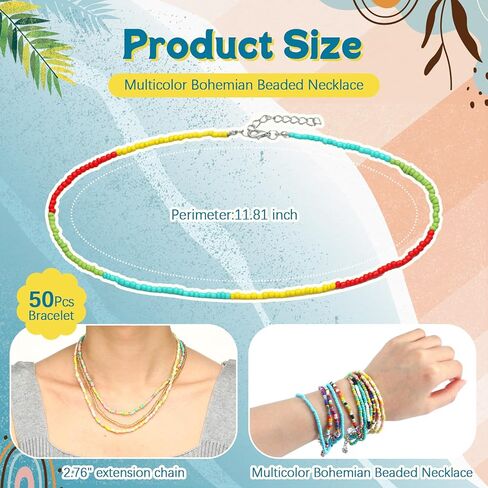 50 Pcs Beaded Choker Necklace for Women Boho Seed Bead Choker Set Hawaiian Handmade Turquoise Beach Beads Necklace Chain Adjustable Colorful Cute Bohemian Chain for Women Jewelry in Saudi Arabia