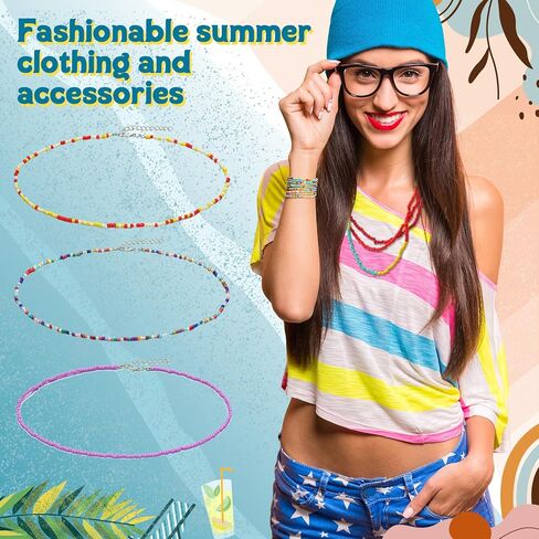 50 Pcs Beaded Choker Necklace for Women Boho Seed Bead Choker Set Hawaiian Handmade Turquoise Beach Beads Necklace Chain Adjustable Colorful Cute Bohemian Chain for Women Jewelry in Saudi Arabia