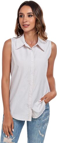 Womens Button Down Striped Sleeveless Shirts Basic Casual Work Summer Blouse Tank Tops in Saudi Arabia