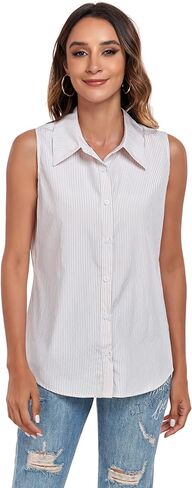 Womens Button Down Striped Sleeveless Shirts Basic Casual Work Summer Blouse Tank Tops in Saudi Arabia