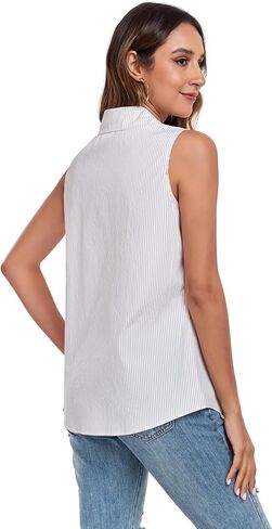 Womens Button Down Striped Sleeveless Shirts Basic Casual Work Summer Blouse Tank Tops in Saudi Arabia