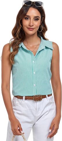 Womens Button Down Striped Sleeveless Shirts Basic Casual Work Summer Blouse Tank Tops in Saudi Arabia