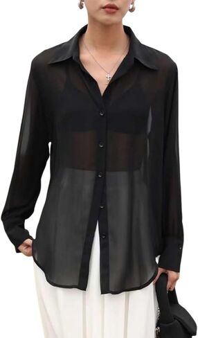 Gihuo Women Sheer Button Up Blouse Mesh Long Sleeve See Through Tops Sexy Mesh Shirts in Saudi Arabia