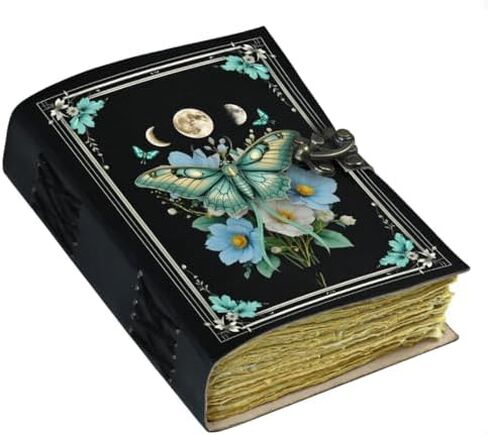 Blank Spell Book of Shadows Journal with Lock Clasp Vintage Handmade Leather Luna Moths and Morpho Butterfly Print Diary Prayer Pagan Witchcraft Supplies Wiccan Decor Notebook Daily in Saudi Arabia