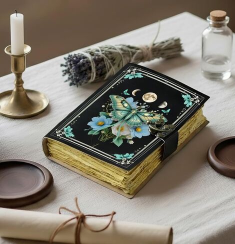 Blank Spell Book of Shadows Journal with Lock Clasp Vintage Handmade Leather Luna Moths and Morpho Butterfly Print Diary Prayer Pagan Witchcraft Supplies Wiccan Decor Notebook Daily in Saudi Arabia