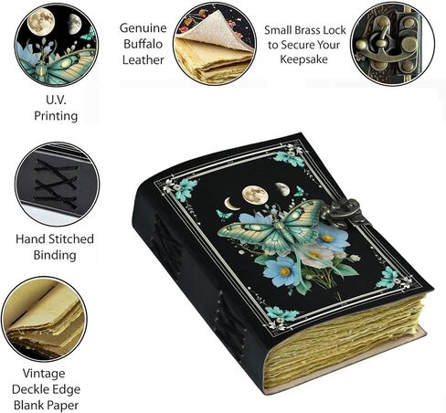 Blank Spell Book of Shadows Journal with Lock Clasp Vintage Handmade Leather Luna Moths and Morpho Butterfly Print Diary Prayer Pagan Witchcraft Supplies Wiccan Decor Notebook Daily in Saudi Arabia