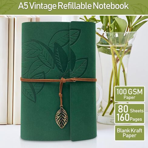 PU Leather Journal Notebook, Vintage Refillable Bound Travel Diary, Ring Binder Daily Journal for Writing, A5 Notebook for Women Men Teens, 100GSM Unlined Paper, 160 Pages(Green, 9.2" x 6.5") in Saudi Arabia
