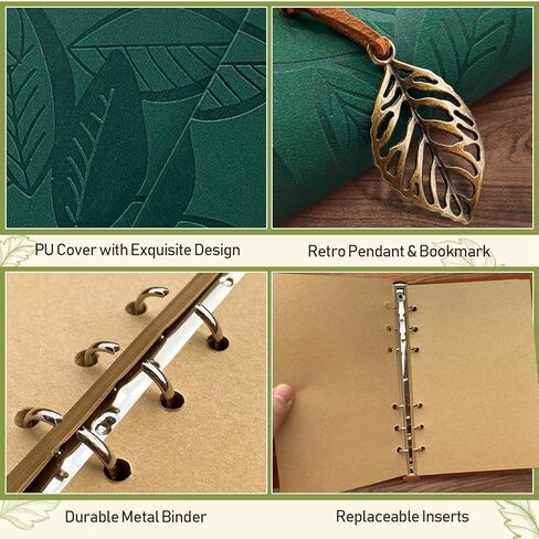 PU Leather Journal Notebook, Vintage Refillable Bound Travel Diary, Ring Binder Daily Journal for Writing, A5 Notebook for Women Men Teens, 100GSM Unlined Paper, 160 Pages(Green, 9.2" x 6.5") in Saudi Arabia