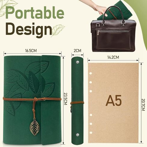 PU Leather Journal Notebook, Vintage Refillable Bound Travel Diary, Ring Binder Daily Journal for Writing, A5 Notebook for Women Men Teens, 100GSM Unlined Paper, 160 Pages(Green, 9.2" x 6.5") in Saudi Arabia