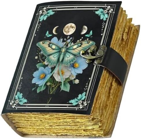 Blank Spell Book of Shadows Journal with Lock Clasp Vintage Handmade Leather Luna Moths and Morpho Butterfly Print Diary Prayer Pagan Witchcraft Supplies Wiccan Decor Notebook Daily in Saudi Arabia