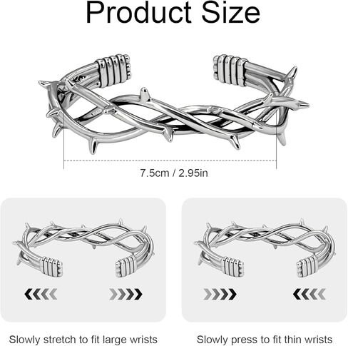أساور الكفة الشريرة للرجال، سوار الكفة من الفولاذ المقاوم للصدأ القوطي - سوار ريترو قابل للتعديل، شوكة رائعة وأسلاك شائكة مجوهرات ملتوية باللون الفضي in Kuwait