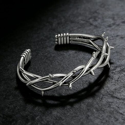 أساور الكفة الشريرة للرجال، سوار الكفة من الفولاذ المقاوم للصدأ القوطي - سوار ريترو قابل للتعديل، شوكة رائعة وأسلاك شائكة مجوهرات ملتوية باللون الفضي in Kuwait