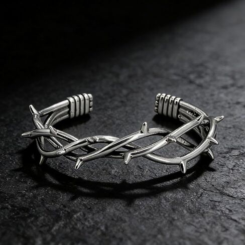 أساور الكفة الشريرة للرجال، سوار الكفة من الفولاذ المقاوم للصدأ القوطي - سوار ريترو قابل للتعديل، شوكة رائعة وأسلاك شائكة مجوهرات ملتوية باللون الفضي in Kuwait