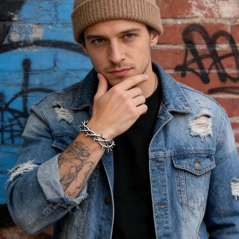 أساور الكفة الشريرة للرجال، سوار الكفة من الفولاذ المقاوم للصدأ القوطي - سوار ريترو قابل للتعديل، شوكة رائعة وأسلاك شائكة مجوهرات ملتوية باللون الفضي in Kuwait