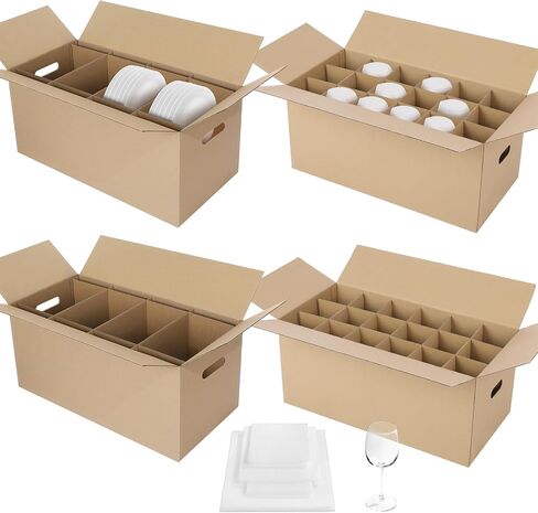 4 Sets Kitchen Moving Boxes with Handle Hole, 24 x 12 x 11 Inch, Included Dish Glassware and Wine Glass Packing Moving Divider Kits Foam Pouches for Kitchen Packing Transportation in Saudi Arabia
