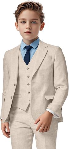 بدلة كتان للأولاد مكونة من 3 قطع، بدلات صيفية ضيقة للأطفال على الشاطئ وحفلات الزفاف وسترة وسروال in Kuwait