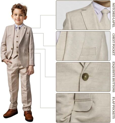 Boys Linen Suit 3 Piece, Summer Slim Fit Suits for Kids Beach Wedding Tuxedo Jacket Vest Pant in Saudi Arabia