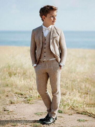 Boys Linen Suit 3 Piece, Summer Slim Fit Suits for Kids Beach Wedding Tuxedo Jacket Vest Pant in Saudi Arabia