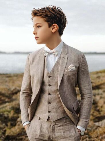 Boys Linen Suit 3 Piece, Summer Slim Fit Suits for Kids Beach Wedding Tuxedo Jacket Vest Pant in Saudi Arabia