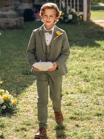 Boys Linen Suit 3 Piece, Summer Slim Fit Suits for Kids Beach Wedding Tuxedo Jacket Vest Pant in Saudi Arabia