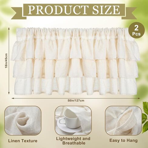 Batiyeer 2 Pcs Frilled Ruffled Curtain Valances Linen Window Kitchen Curtain Valance 50''W × 18''L Light Filtering Vintage Farmhouse Decor for Living Room Bedroom Bathroom Small Window Treatment in Saudi Arabia