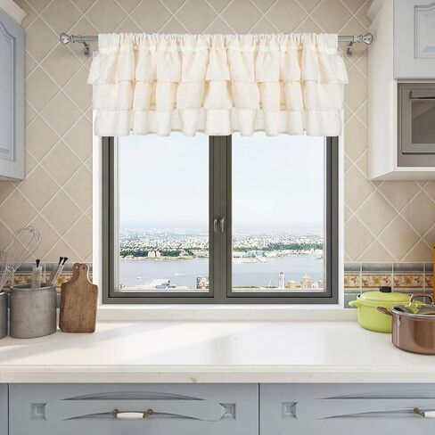 Batiyeer 2 Pcs Frilled Ruffled Curtain Valances Linen Window Kitchen Curtain Valance 50''W × 18''L Light Filtering Vintage Farmhouse Decor for Living Room Bedroom Bathroom Small Window Treatment in Saudi Arabia