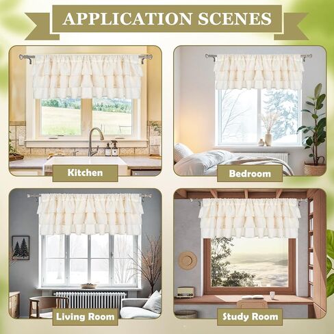 Batiyeer 2 Pcs Frilled Ruffled Curtain Valances Linen Window Kitchen Curtain Valance 50''W × 18''L Light Filtering Vintage Farmhouse Decor for Living Room Bedroom Bathroom Small Window Treatment in Saudi Arabia