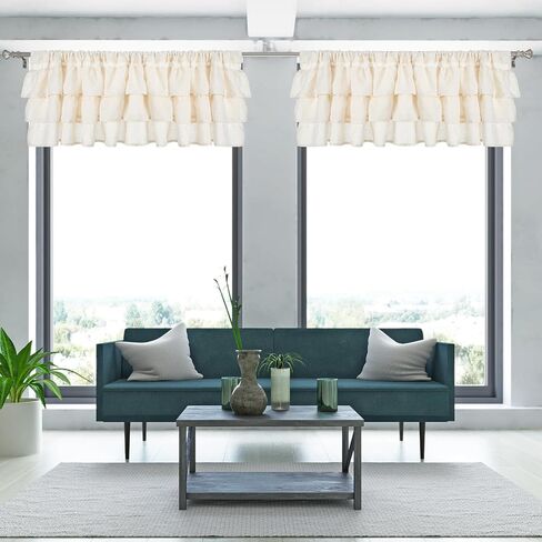 Batiyeer 2 Pcs Frilled Ruffled Curtain Valances Linen Window Kitchen Curtain Valance 50''W × 18''L Light Filtering Vintage Farmhouse Decor for Living Room Bedroom Bathroom Small Window Treatment in Saudi Arabia