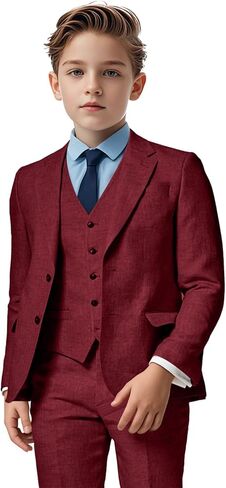 Boys Linen Suit 3 Piece, Summer Slim Fit Suits for Kids Beach Wedding Tuxedo Jacket Vest Pant in Saudi Arabia