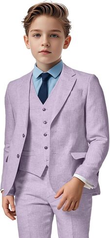 Boys Linen Suit 3 Piece, Summer Slim Fit Suits for Kids Beach Wedding Tuxedo Jacket Vest Pant in Saudi Arabia