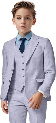 Boys Linen Suit 3 Piece, Summer Slim Fit Suits for Kids Beach Wedding Tuxedo Jacket Vest Pant in Saudi Arabia