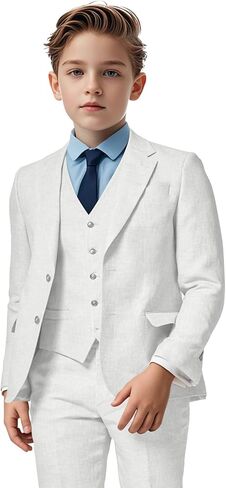 Boys Linen Suit 3 Piece, Summer Slim Fit Suits for Kids Beach Wedding Tuxedo Jacket Vest Pant in Saudi Arabia