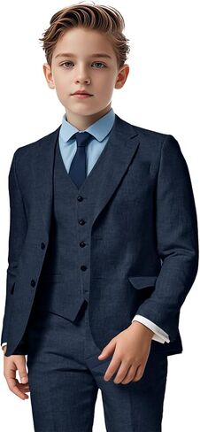 Boys Linen Suit 3 Piece, Summer Slim Fit Suits for Kids Beach Wedding Tuxedo Jacket Vest Pant in Saudi Arabia